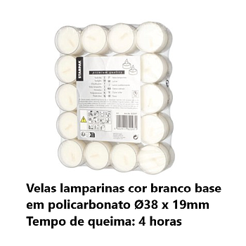 40 Velas Lamparinas Ø38X19Mm Branco Base Policarb. Dura 4H  
