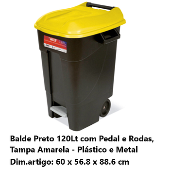 Balde Preto 120Lts C/Pedal+Rodas Tampa Amarela 60X56,8X88Cm 
