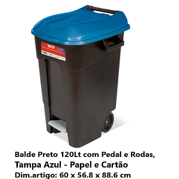 Balde Preto 120Lts C/Pedal+Rodas Tampa Azul 60X56,8X88Cm    