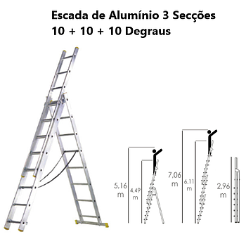 Escada Em Aluminio 3 Secções De 10 Degraus C/Gancho Seg.    
